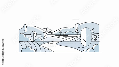 Minimalist landscape illustration of a winding river flowing through rolling hills with stylized trees