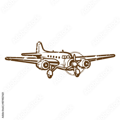 Drawing Vintage Brown airplane illustration flying right side with two engines and propellers  vintage aircraft design