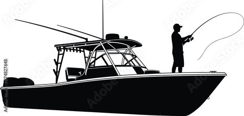 Silhouette of sport fishing boat with angler casting rod on open water, modern center console yacht vector illustration, marine recreation concept