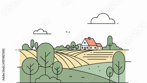 Illustration of a rural landscape with a quaint house, green trees, and fields under a cloudy sky