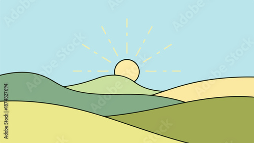 Stylized landscape illustration with rolling hills and a radiant sun near the horizon