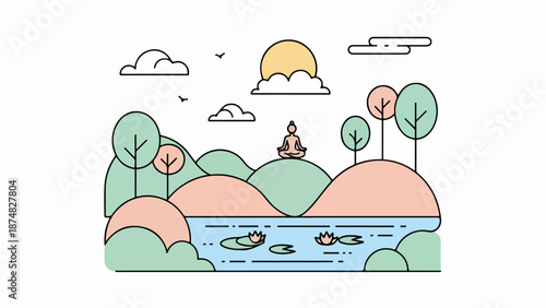 Serene landscape illustration with a female figure meditating on a hill, lotus flowers, and a calm body of water