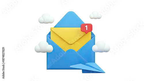 3D Render of Email Notification with Clouds and Paper Airplane
