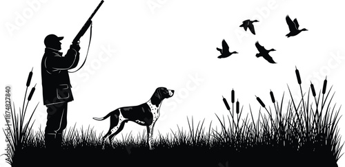 Silhouette scene of hunter with dog observing flying ducks in marshland grass, creating a peaceful wildlife outdoor illustration for nature and adventure themed projects