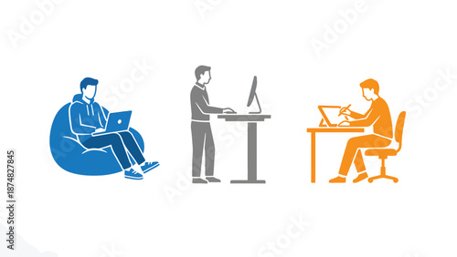 Flexible Working Setups: Remote, Standing Desk & Tablet Work Styles Illustration