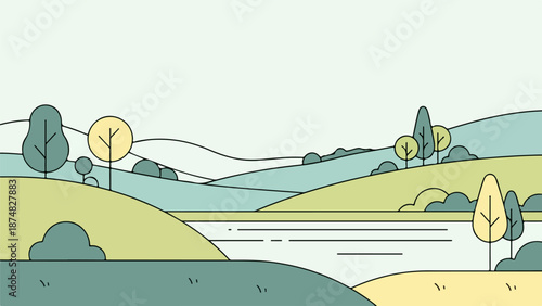 Detailed landscape illustration of rolling hills with a winding path and trees