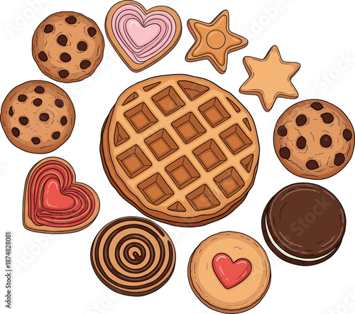 Set of delicious assorted cookies chocolate chip biscuits and heart shaped waffles vector illustration for bakery and sweet snacks.