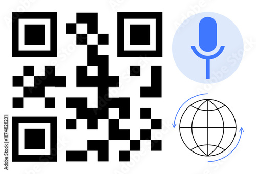 Communication tools, global access, technology, data sharing, voice search, digital interaction. A QR code, a microphone icon and a globe with arrows. Communication tools and global access concept