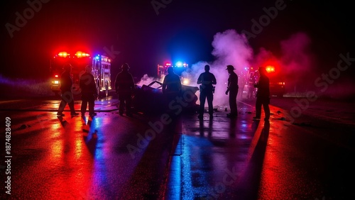 Emergency Responders at Night Car Accident Scene with Fire Trucks and Police Lights