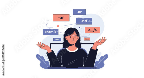 Confused and frustrated woman programmer working on a laptop with various coding tags like html and ar floating around her head.