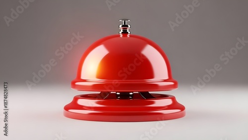 A close-up, studio shot of a classic red hotel reception bell, evoking hospitality and service