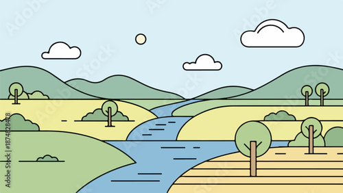 Winding river flowing through a lush valley with rolling hills and distant mountains