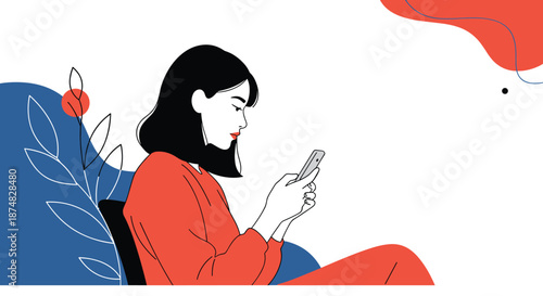 Elegant illustration of a woman sitting and focused on her smartphone screen representing modern digital communication and social media use.