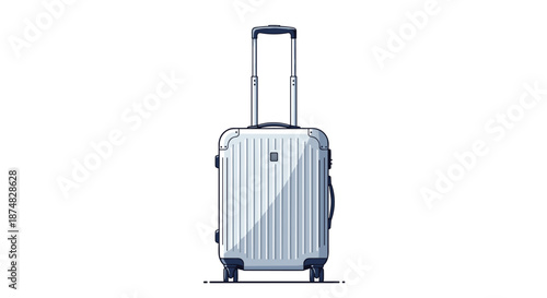 Modern silver travel suitcase with wheels and a retractable handle standing vertically on a plain white background for travel themes.