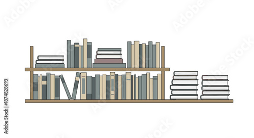 Minimalist illustration of wooden bookshelves filled with various books of different sizes and colors representing a library or study space.