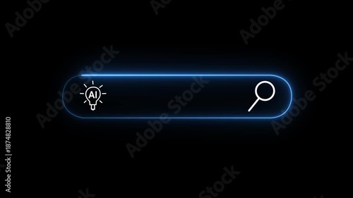 animated ai lightbulb idea and search icon on black background with blue neon outline, technology, artificial intelligence, innovation, or online search