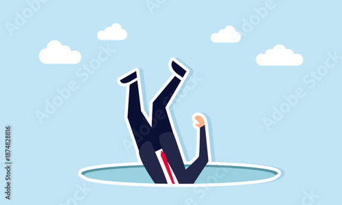 Businessman falling into a hole illustration of being trapped by unfair business competitor tactics