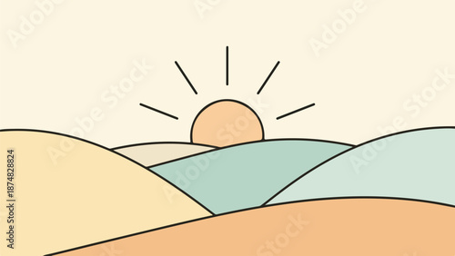 Minimalist landscape with stylized sun, rolling hills, and calm body of water