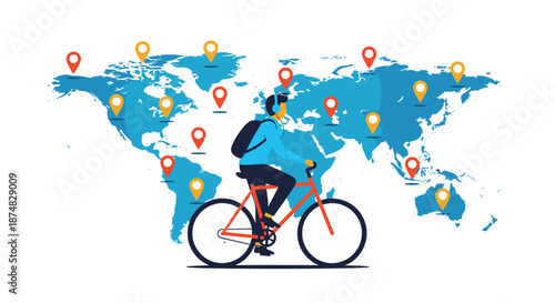Adventurous man riding a bicycle across a blue world map with many location markers representing global travel and cycling exploration.