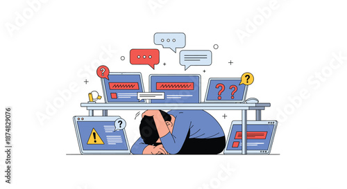 Stressed person hiding under a desk to escape a barrage of digital information, social media notifications, and computer screens.