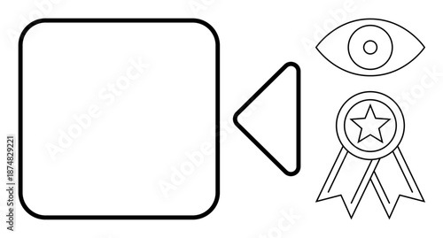 Digital media, video production, content creation, quality assurance, recognition, audience engagement. Camera icon, eye and award indicate media . Content creation and quality assurance concept