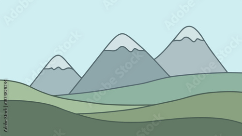 Serene mountainous landscape with three prominent peaks and rolling green hills