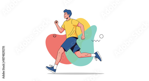 Energetic man running with determination against a vibrant abstract background of colorful shapes and geometric patterns for sports.