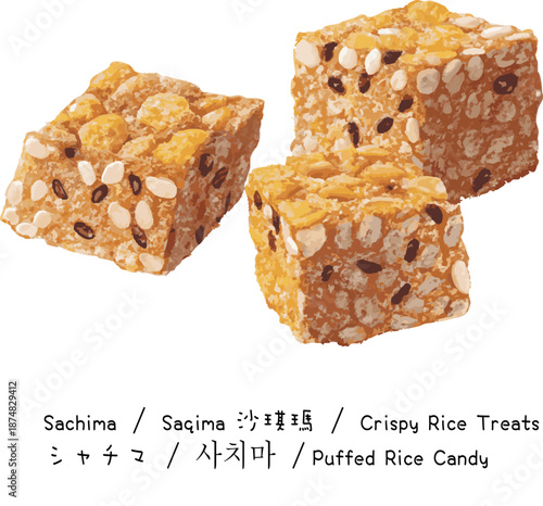 Traditional Chinese Sachima Sweet Snack with Nuts and Raisins on White Background