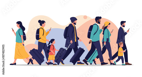 Diverse group of travelers walking with suitcases and using smartphones to navigate and plan their journey in an airport or station.