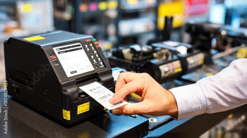 Label printer thermal printer barcode label hand office equipment printing process label printing business technology workspace label machine barcode scanner desk paper label office desk close up