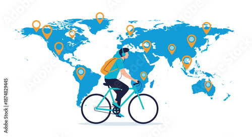 Man with headphones riding a bicycle in front of a world map with location pins representing global travel and the joy of exploring.