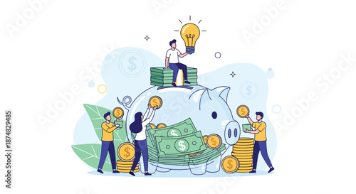 Team of people working together to save money and invest illustrated by a giant piggy bank being filled with coins and cash.