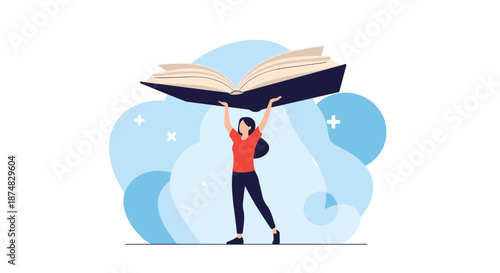 Young woman standing and lifting a giant open book above her head as a symbol of the power of education and knowledge.