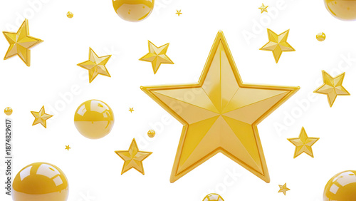 Golden Stars and Spheres on White Background