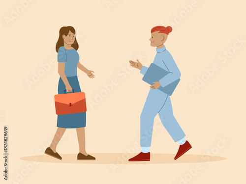 Two business associates meeting and passing each other indicates an imminent or ongoing discussion. Busy People illustration. Flat vector concept.