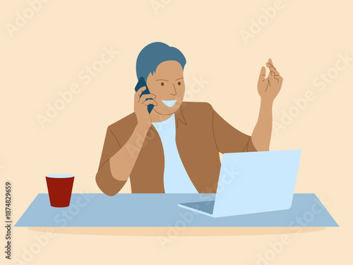 The male worker is looking at the computer monitor and is making a phone call. Busy People illustration. Flat vector concept.