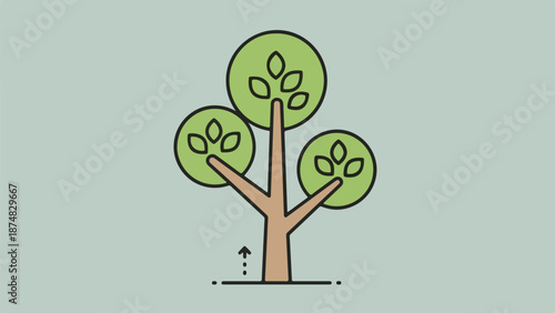 Minimalist illustration of a solitary tree with a brown trunk and three green canopies on a light beige background