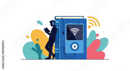 Young person listening to an audiobook while leaning on a giant book with digital audio player icons and wireless wifi signal symbols.
