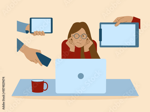 A woman who is distracted by too much work. Busy People illustration. Flat vector concept.