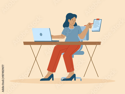 Multi-talented office worker woman working on laptop while looking at her to-do list. Busy People illustration. Flat vector concept.