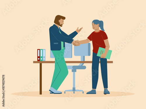A manager and employee shake hands as a sign of a successful negotiation or partnership. Busy People illustration. Flat vector concept.