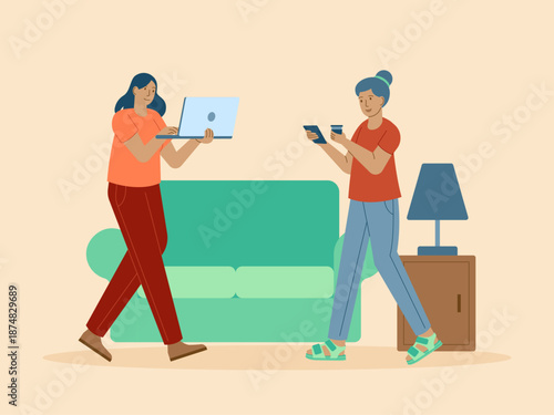 Two young womea were busy with their laptops when they met their friend who was playing on her cellphone while carrying coffee. Busy People illustration. Flat vector concept.