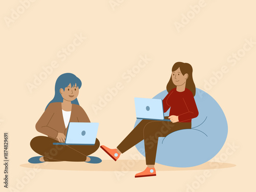 Two woman working from home with a laptop. Busy People illustration. Flat vector concept.