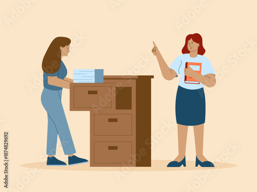 A woman arranges files in an office drawer. Busy People illustration. Flat vector concept.