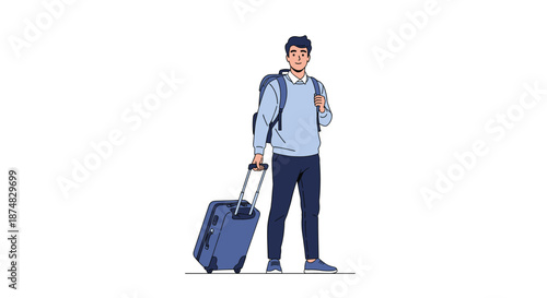 Young male traveler standing with a backpack on his shoulders and holding a blue rolling suitcase while preparing for an upcoming journey.