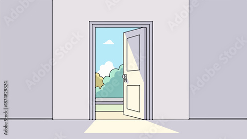 Minimalist interior with open white door revealing blue sky and clouds