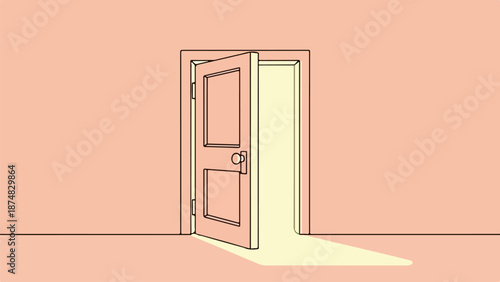 Minimalist interior with slightly ajar rectangular door and peach-toned wall