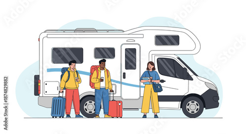 Group of diverse friends with backpacks and luggage standing in front of a white motorhome while preparing for an adventurous road trip.