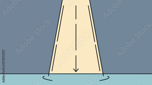 Minimalist illustration of a vertically oriented volcano with a blue background and a downward-pointing arrow