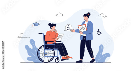 Professional advisor assisting a woman in a wheelchair by explaining documents and providing accessibility information.
